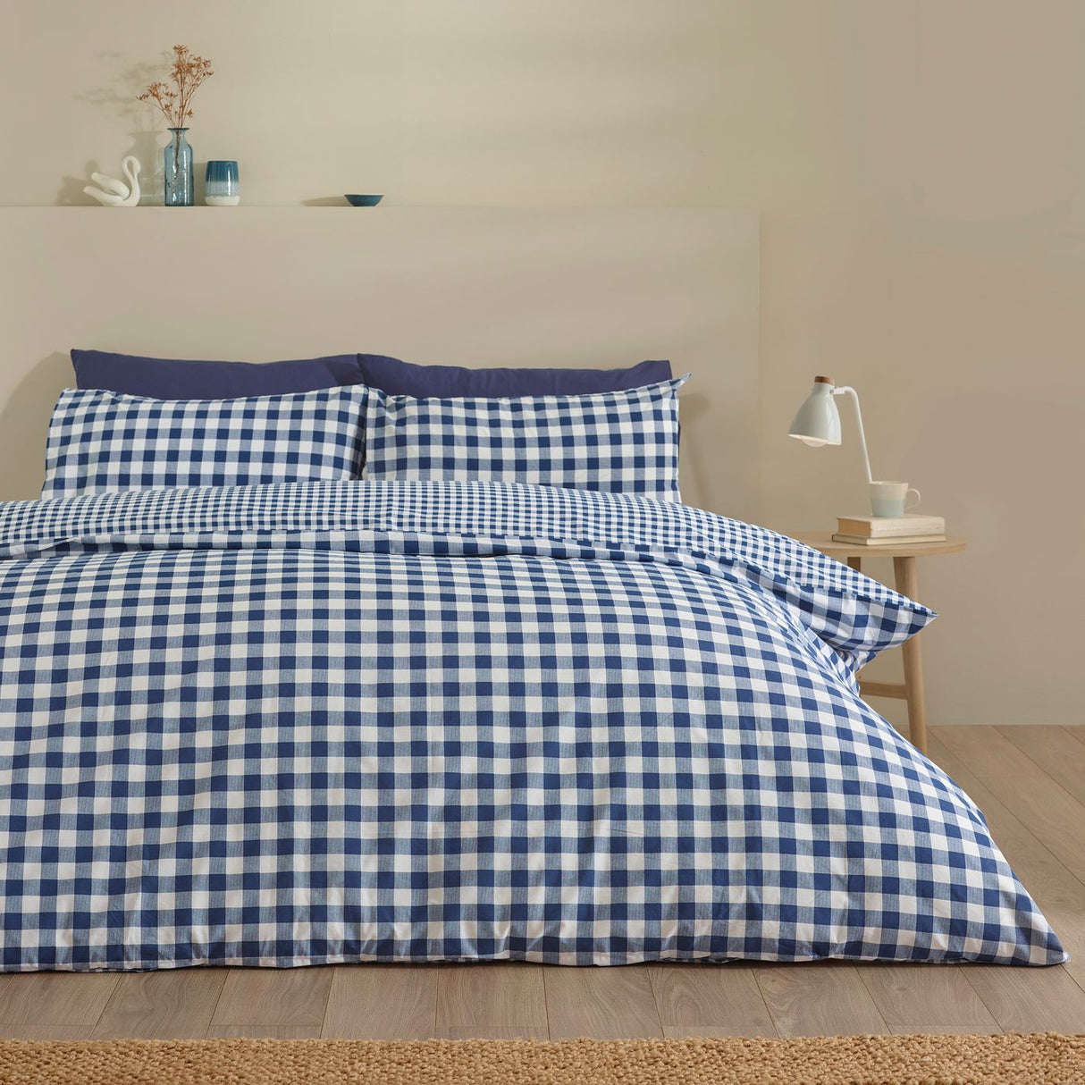 Catherine Lansfield Bamford Gingham Check Reversible Duvet Cover Set with Pillowcase Navy Blue