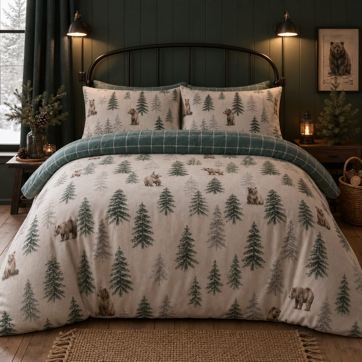 Bear Walks Brushed Cotton Flannelette Duvet Cover Set styled on a bed in a coordinated bedroom lifestyle scene