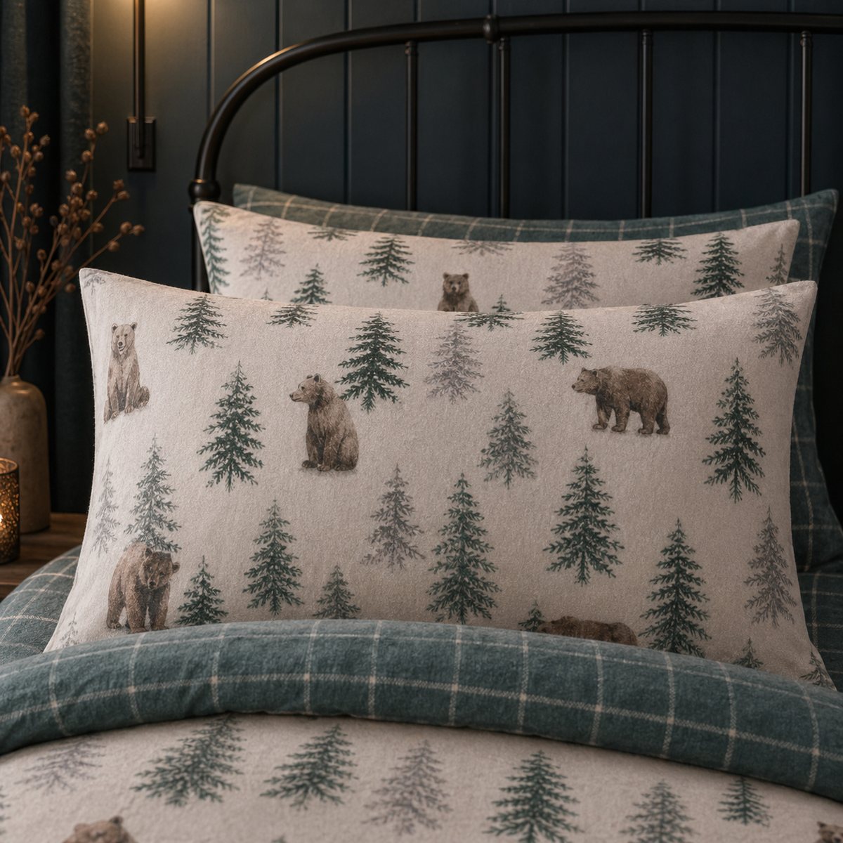 Close-up of matching Bear Walks Brushed Cotton Flannelette Duvet Cover Set pillowcases showing the pattern and fabric detail