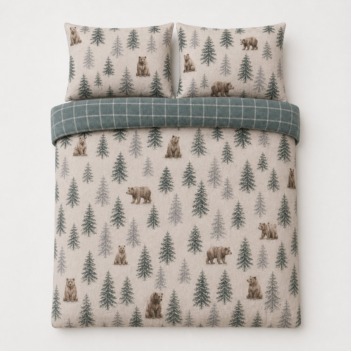Overhead flat lay of the Bear Walks Brushed Cotton Flannelette Duvet Cover Set with two matching pillowcases