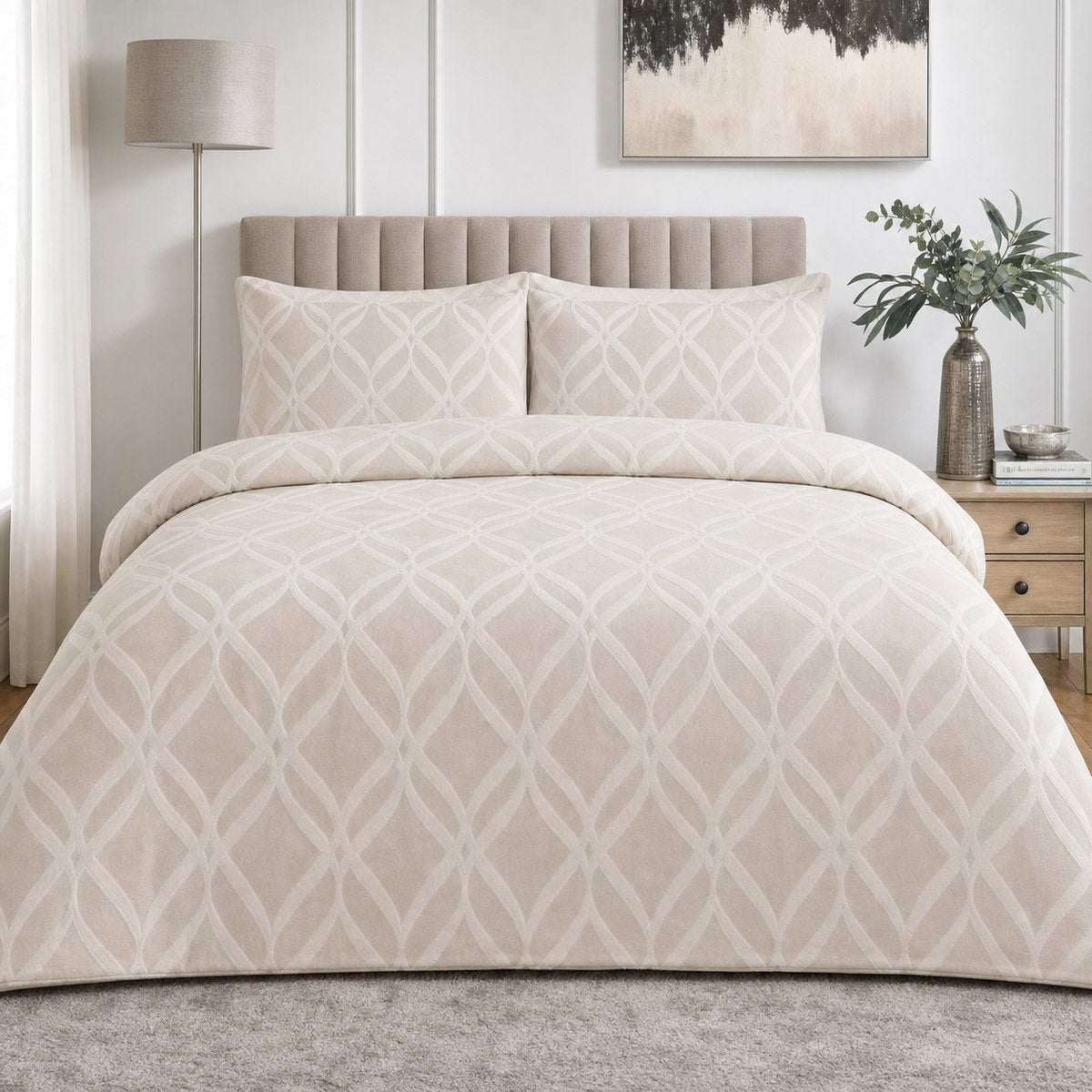 Belfort Soft Microfibre Duvet Cover Set in champagne styled on a coordinated bedroom bed