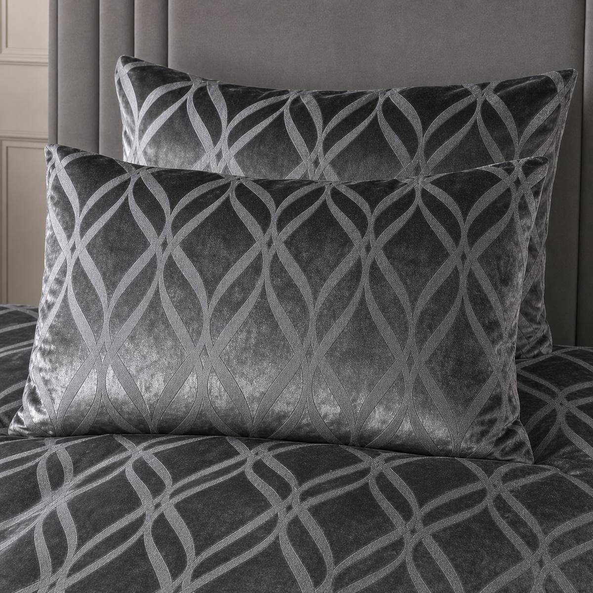 Close-up of Belfort Velvet slate pillowcases showing the raised lattice pattern