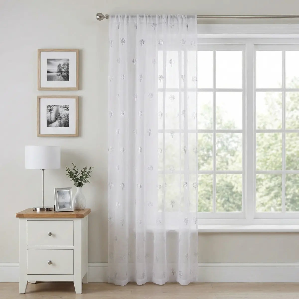 Birch Metallic Slot Top Voile Curtain Panel - White