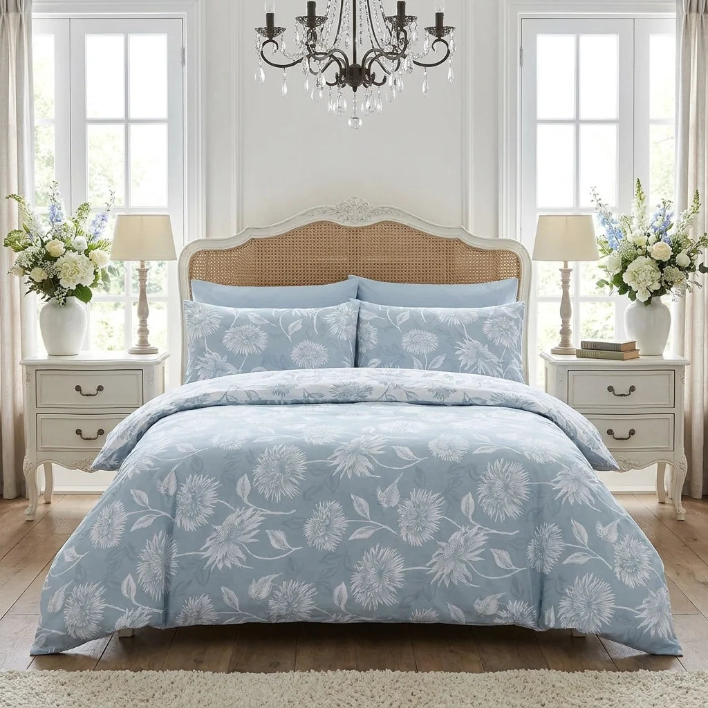 Chrysanthemum Floral Duvet Cover Set - Blue