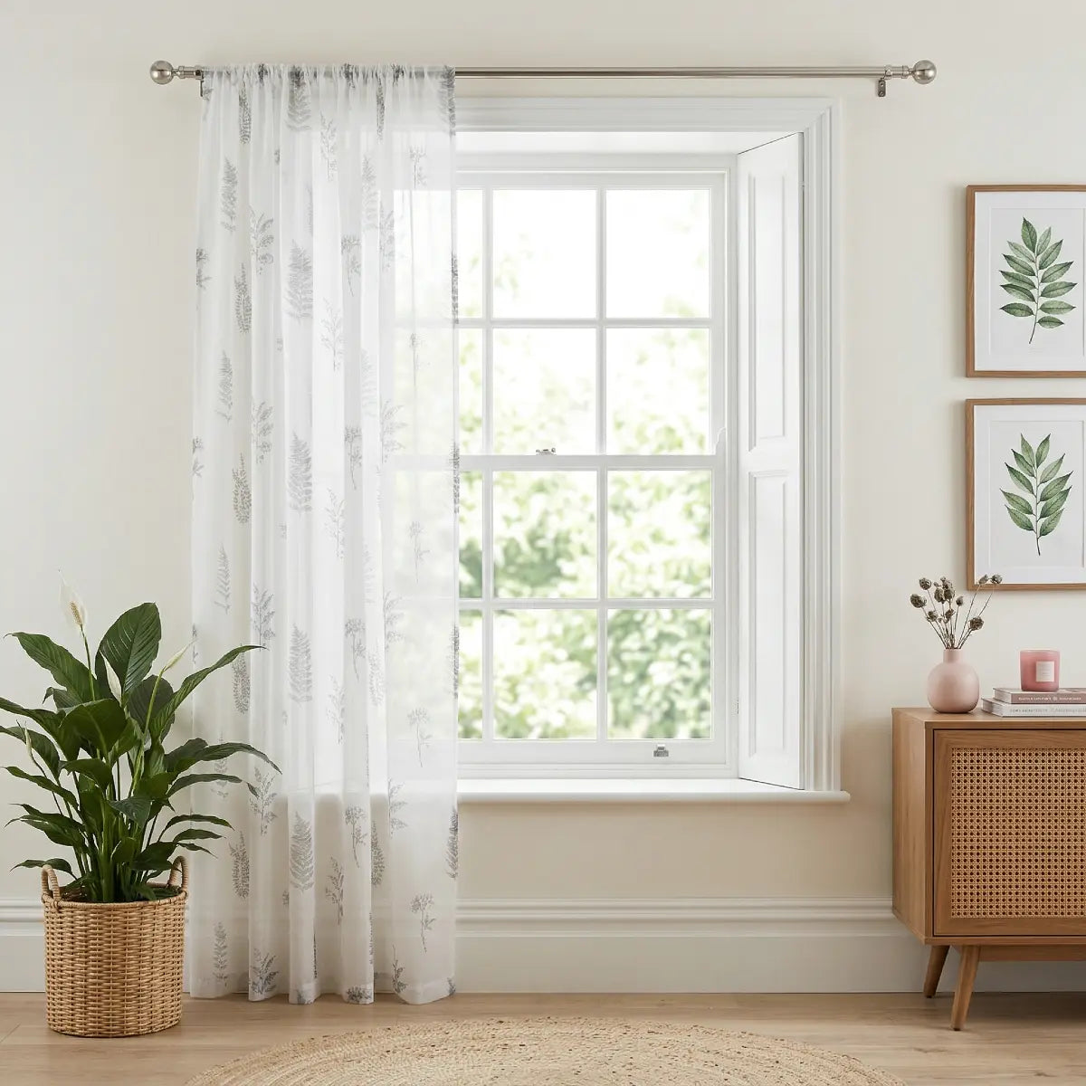 Bracken Printed Slot Top Voile Curtain Panel - Grey