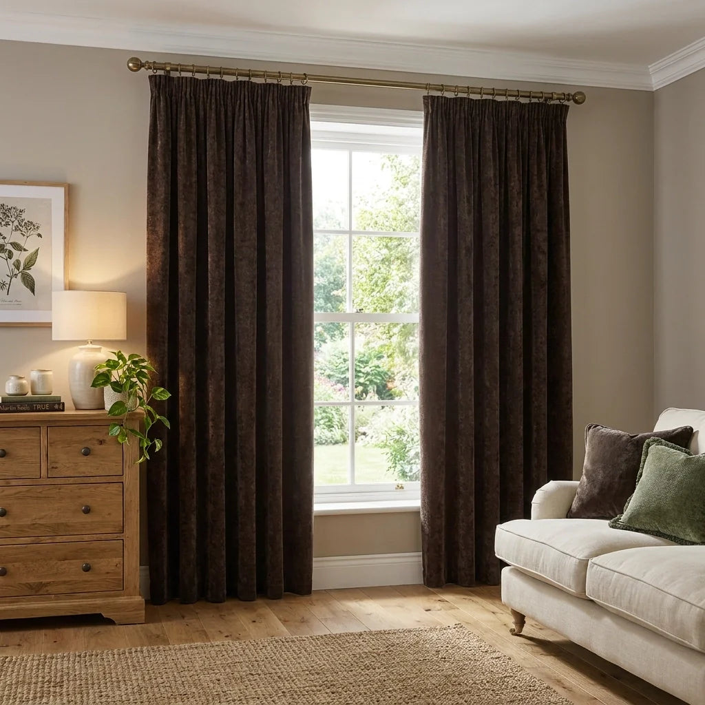 Heavy Lined Brown Velvet Chenille Pencil Pleat Curtains
