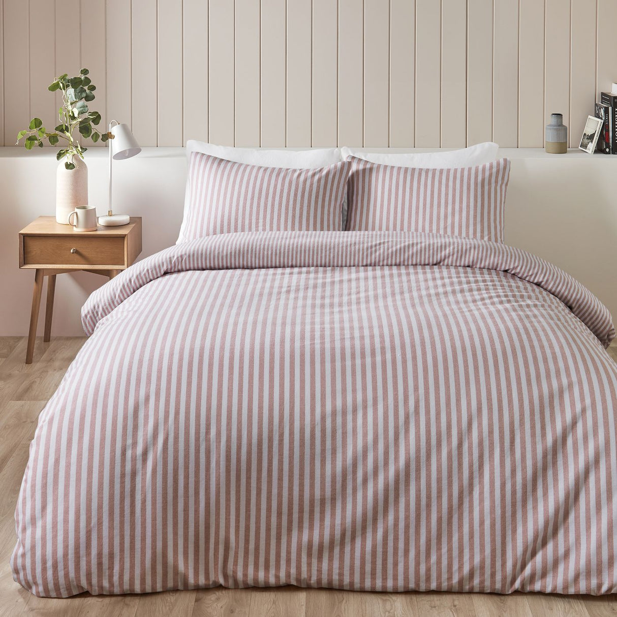 Catherine Lansfield Brushed Stripe Cotton Reversible Super King Duvet Cover Set with Pillowcases Blush Pink