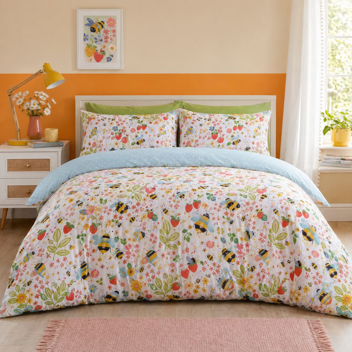Buzzy Bee ochre duvet cover set styled on a cheerful bright bedroom bed