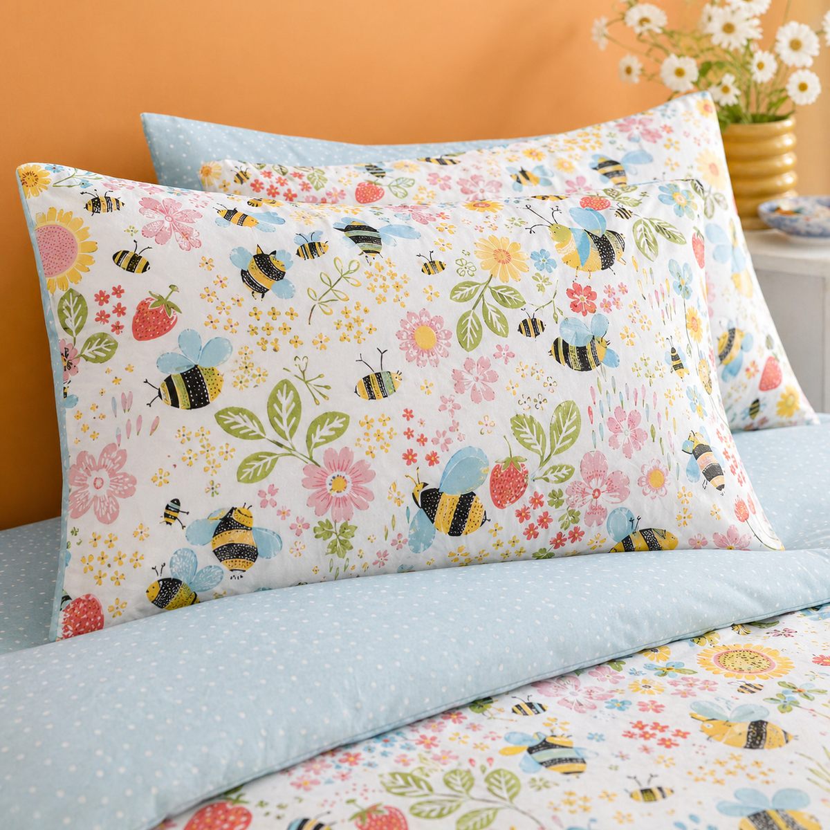 Close-up of Buzzy Bee pillowcases showing bees flowers strawberries and pale blue reverse