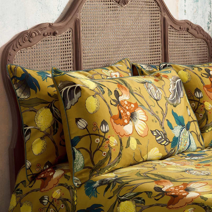 Morton Floral Cotton Sateen Ochre Pillowcase Pair - Ideal