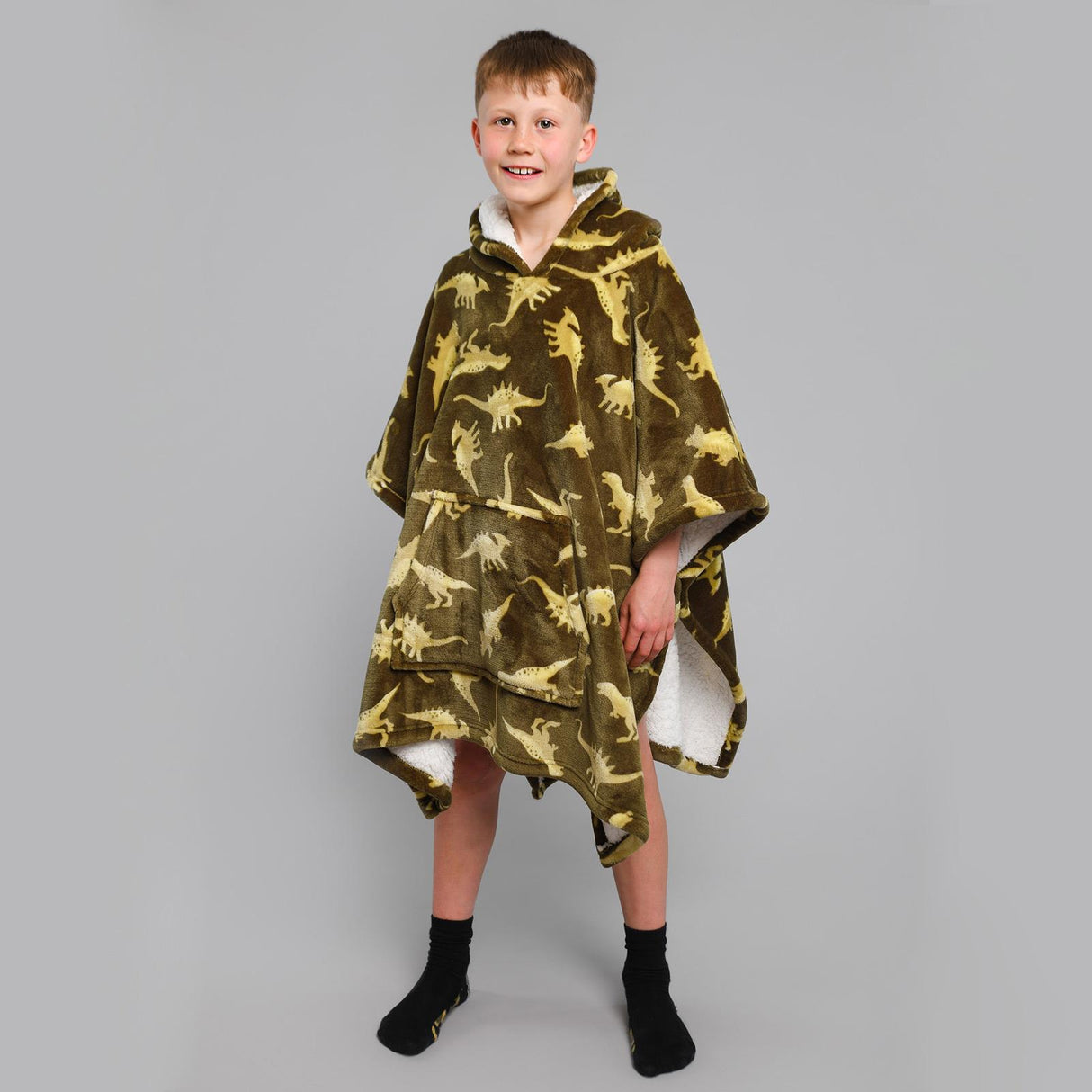 Bedlam Dino Sherpa Fleece Kids Poncho Cosy Wearable Blanket