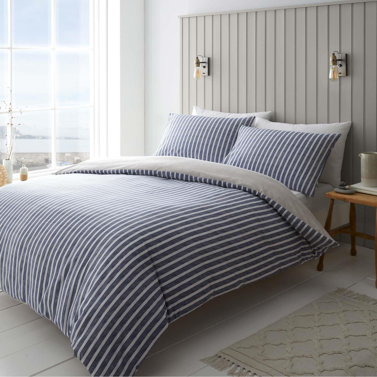 Textured Banded Stripe Blue Duvet Cover Set