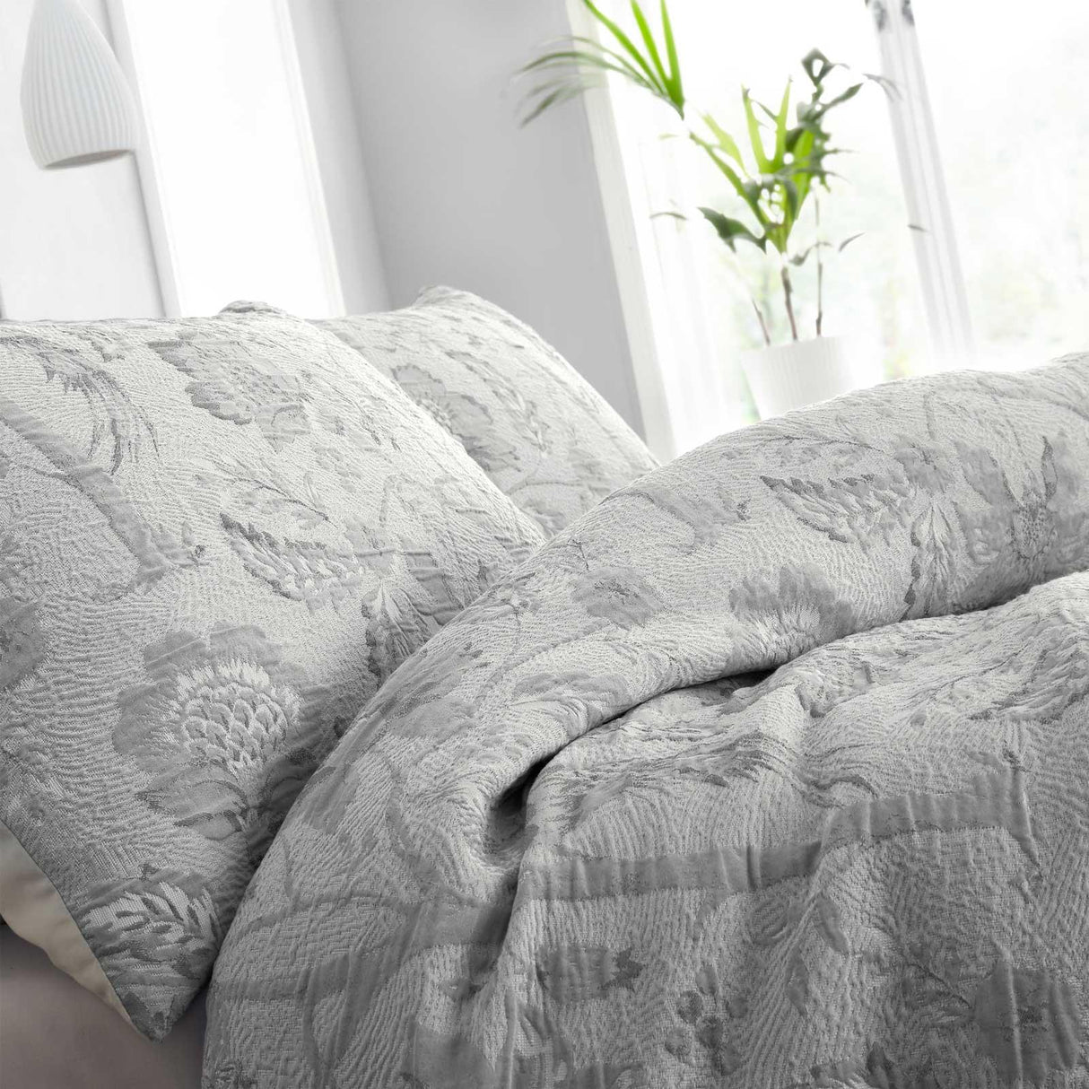 Elena Floral Jacquard Grey Duvet Cover Set
