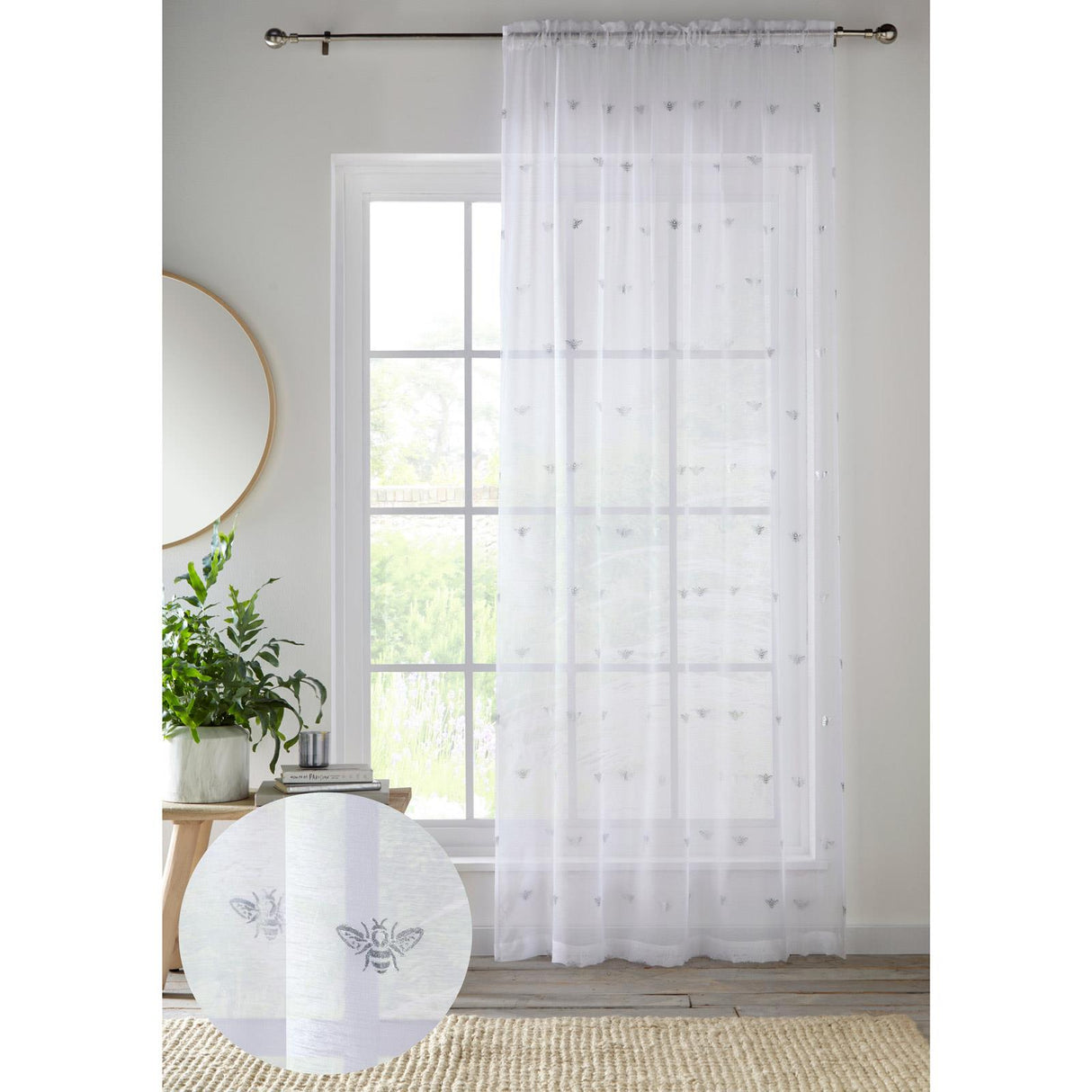 Bee Metallic Voile Panel White 55" x 48" by Enhanced Living