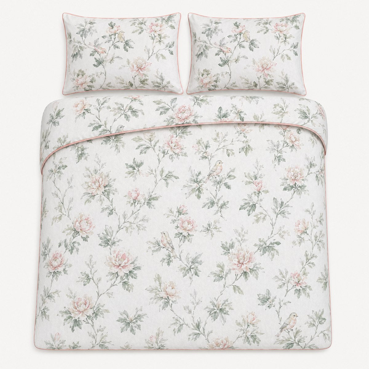 Overhead flat lay of the Campion floral cotton sateen duvet cover set with two pillows