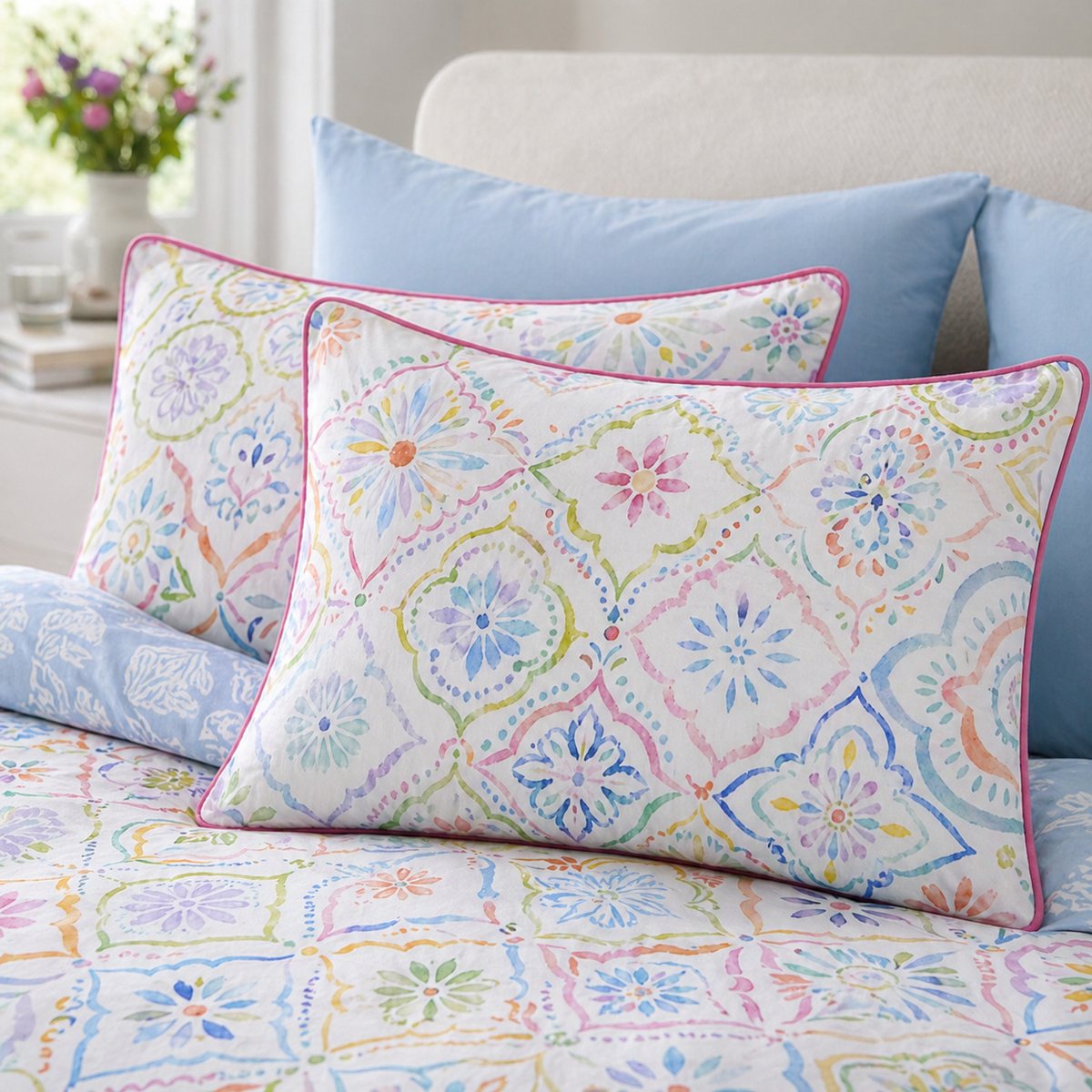 Close-up of Casablanca cotton pillowcases showing the multicolour paisley print and pink piping