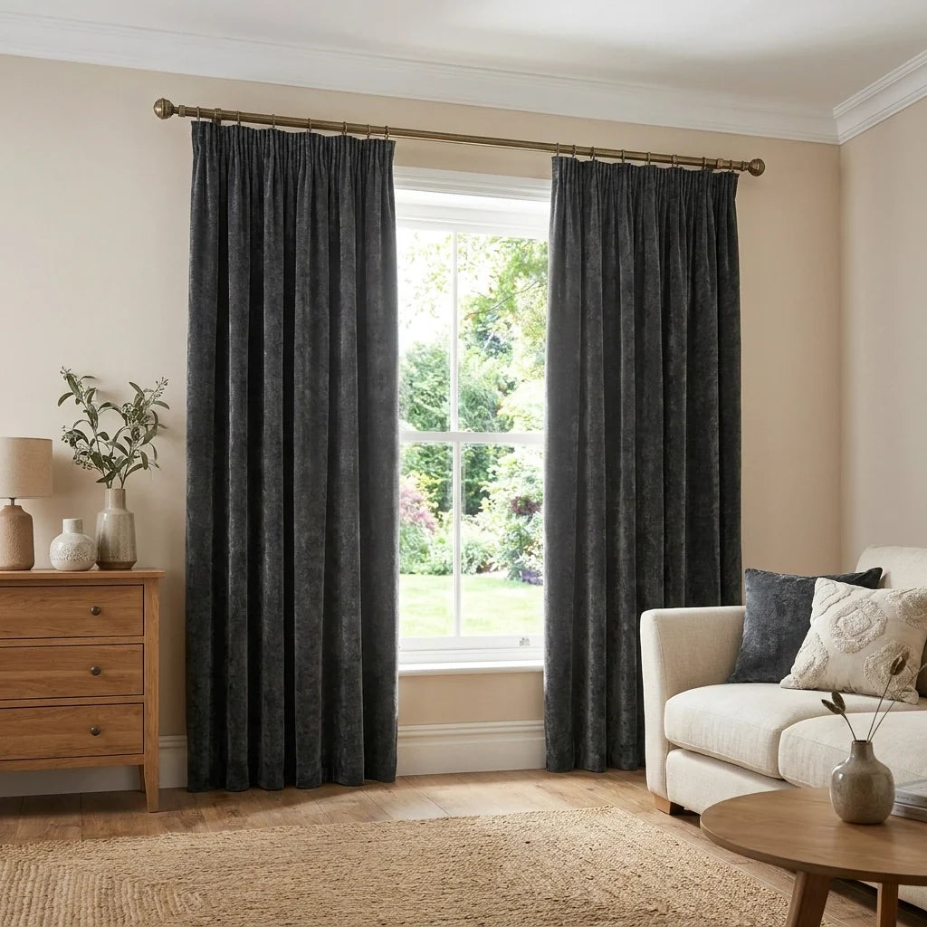 Heavy Lined Charcoal Velvet Chenille Pencil Pleat Curtains