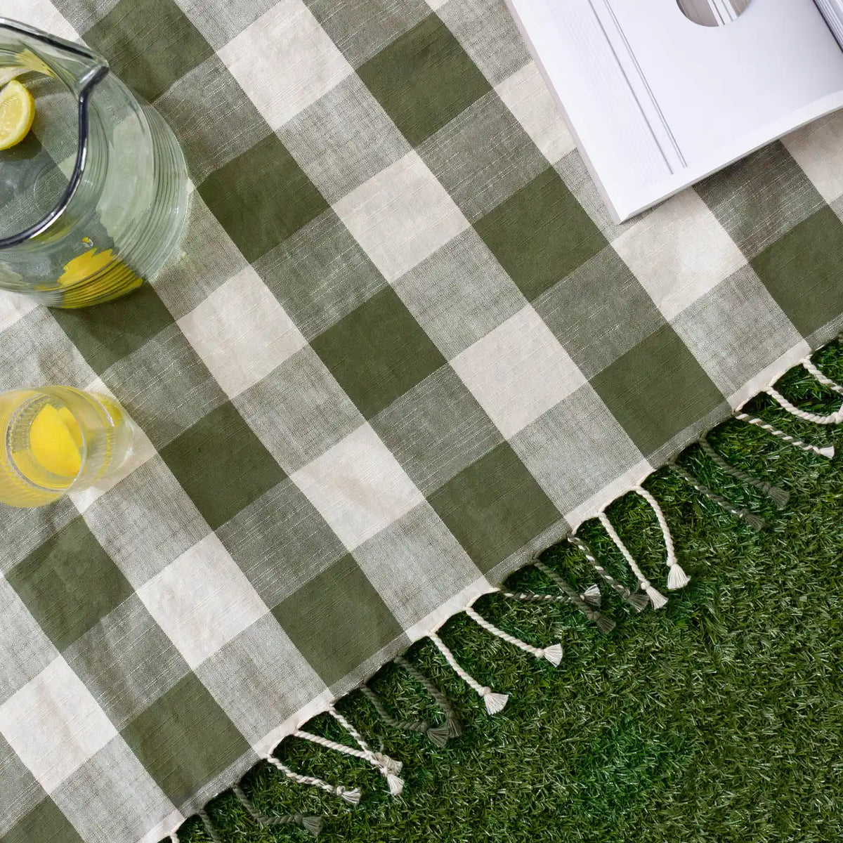 Chesil Check Woven Tasselled Moss 100% Cotton Throw Blanket 130cm x 170cm - additional product view 2