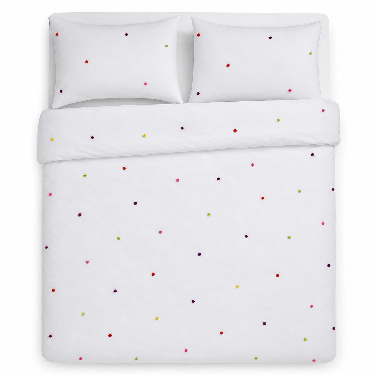 Overhead flat lay of the Chester Kids 100% Cotton Duvet Cover Set in multi with two matching pillowcases