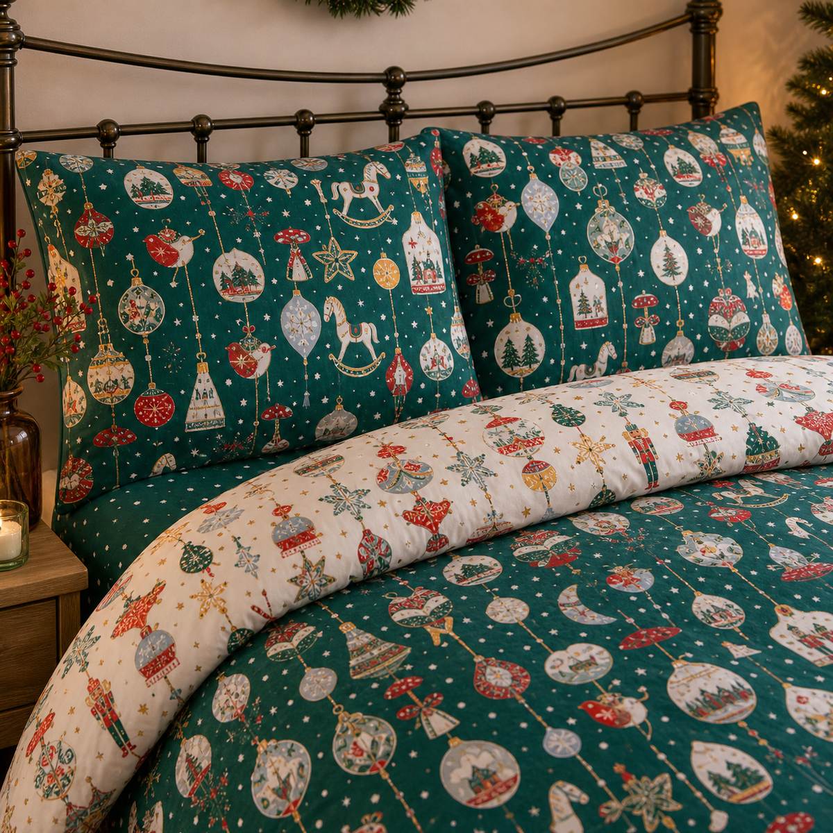 Close-up of Christmas Ornaments Polycotton Duvet Cover Set in green pillowcases showing the print and fabric detail
