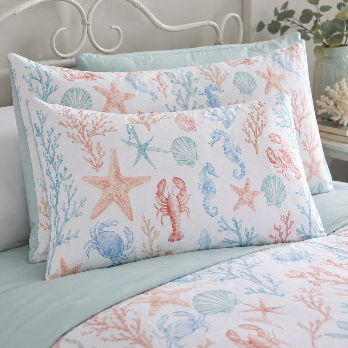 Close-up of Coastal Bay pillowcases showing starfish shells crabs seahorses and pale blue reverse