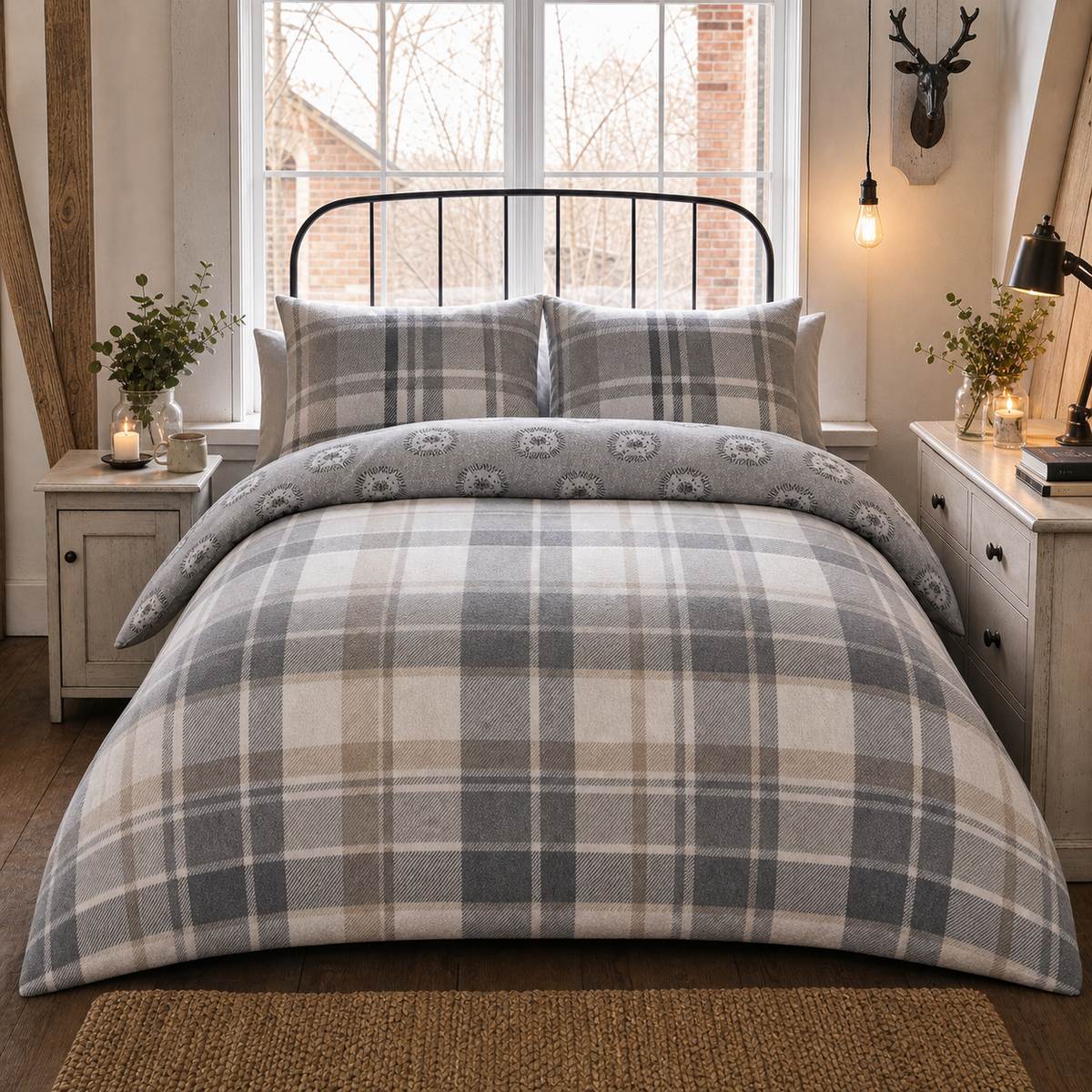 Colville Check grey brushed cotton flannelette duvet cover set styled on a cosy bedroom bed