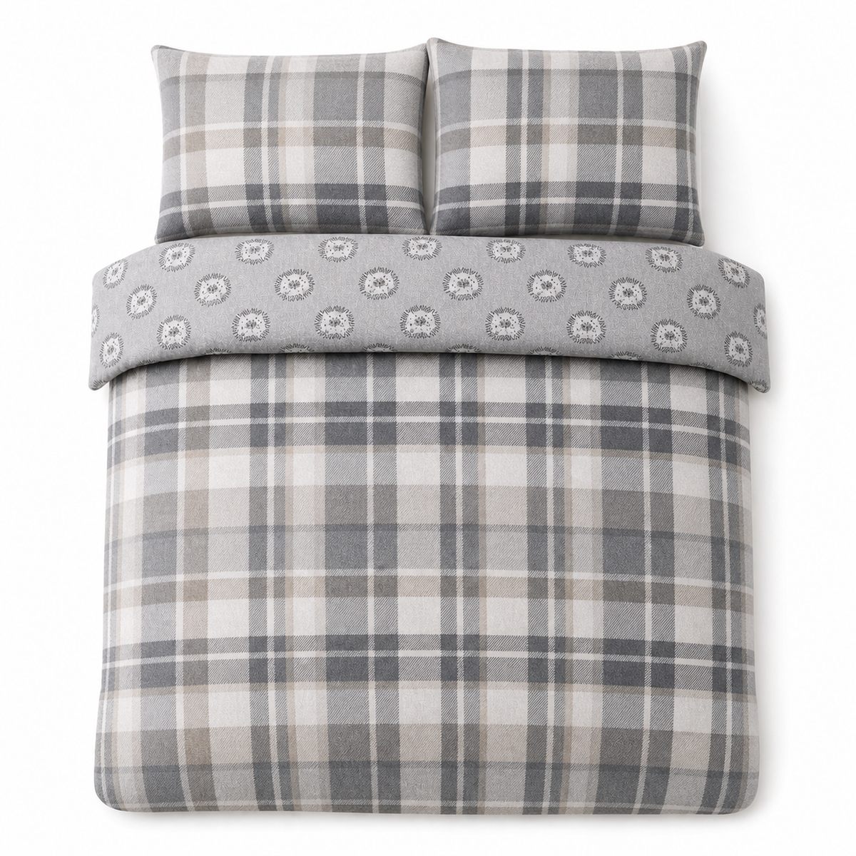 Overhead flat lay of the Colville Check grey duvet cover set with two matching pillowcases
