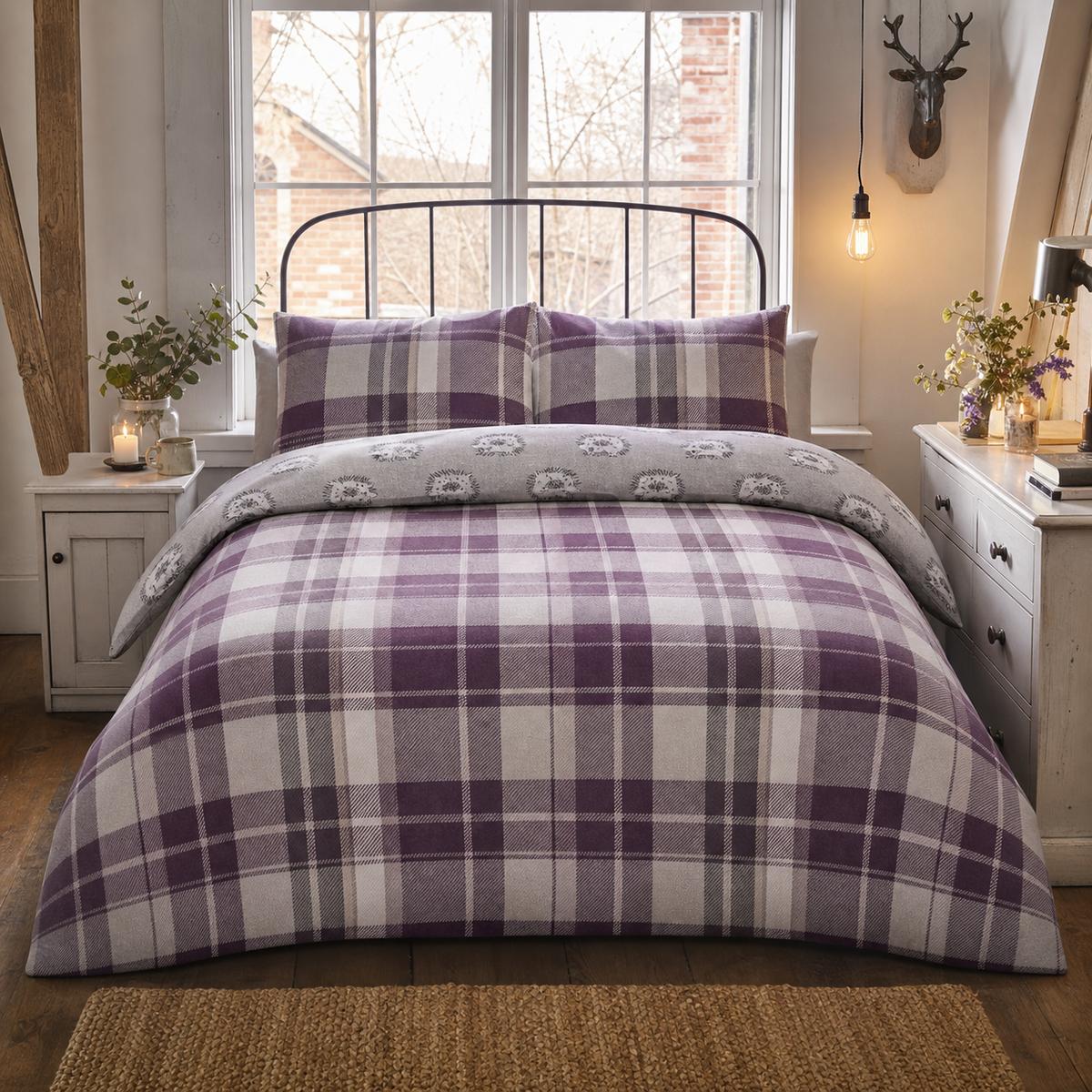 Colville Check plum brushed cotton flannelette duvet cover set styled on a cosy bedroom bed