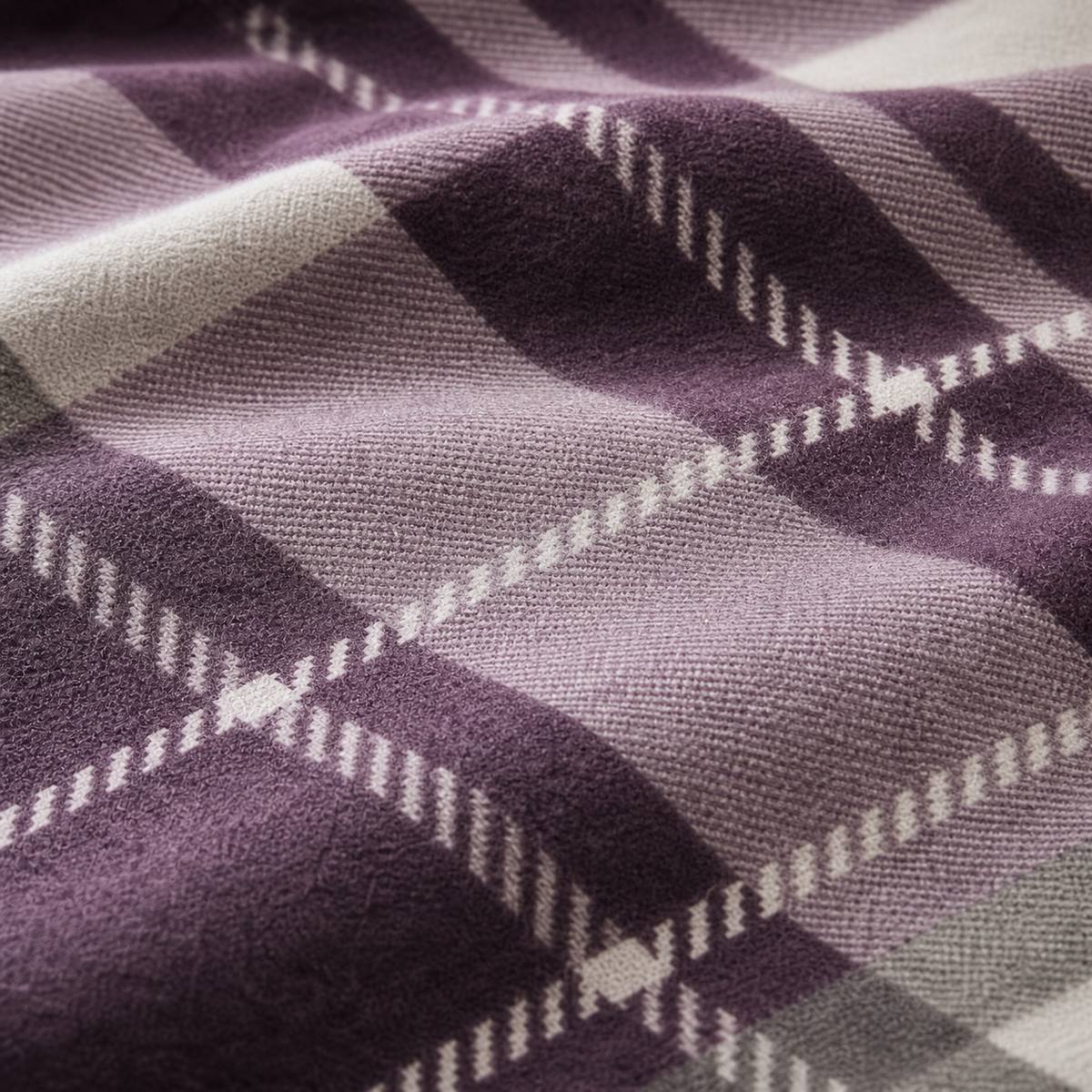 Macro close-up of the soft plum and grey Colville Check brushed cotton flannelette fabric