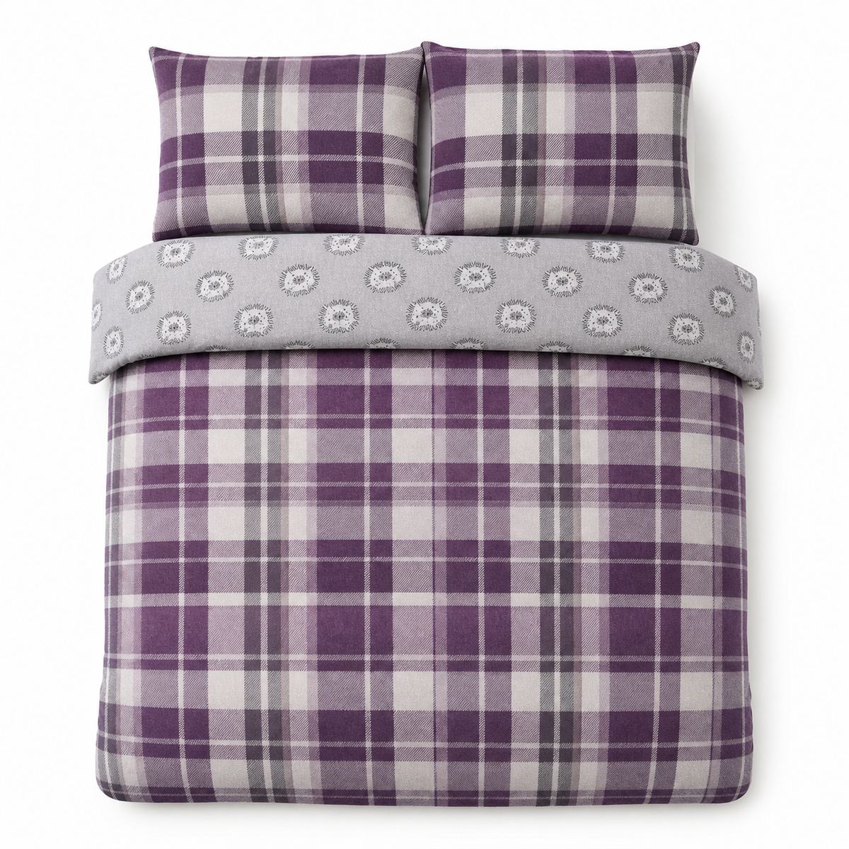 Overhead flat lay of the Colville Check plum duvet cover set with two matching pillowcases