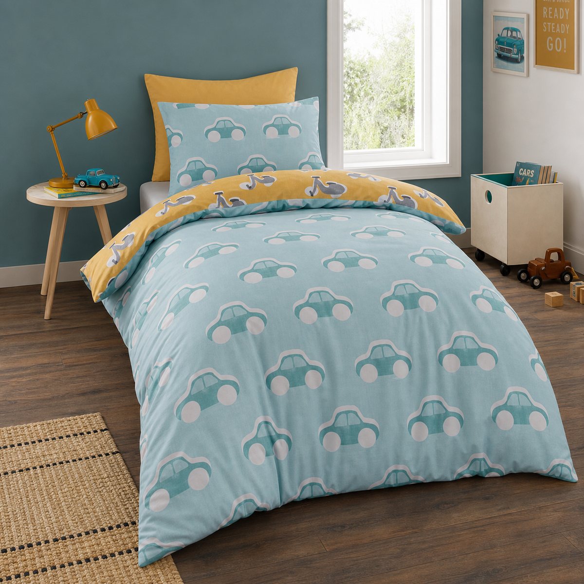 Cool Cars Reversible Kids Single Duvet Cover Set styled on a bed in a coordinated bedroom lifestyle scene