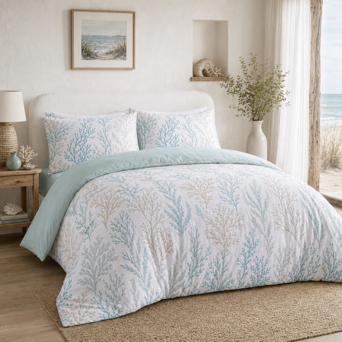 Cora sea foam recycled polyester duvet cover set styled on a calm coastal bedroom bed