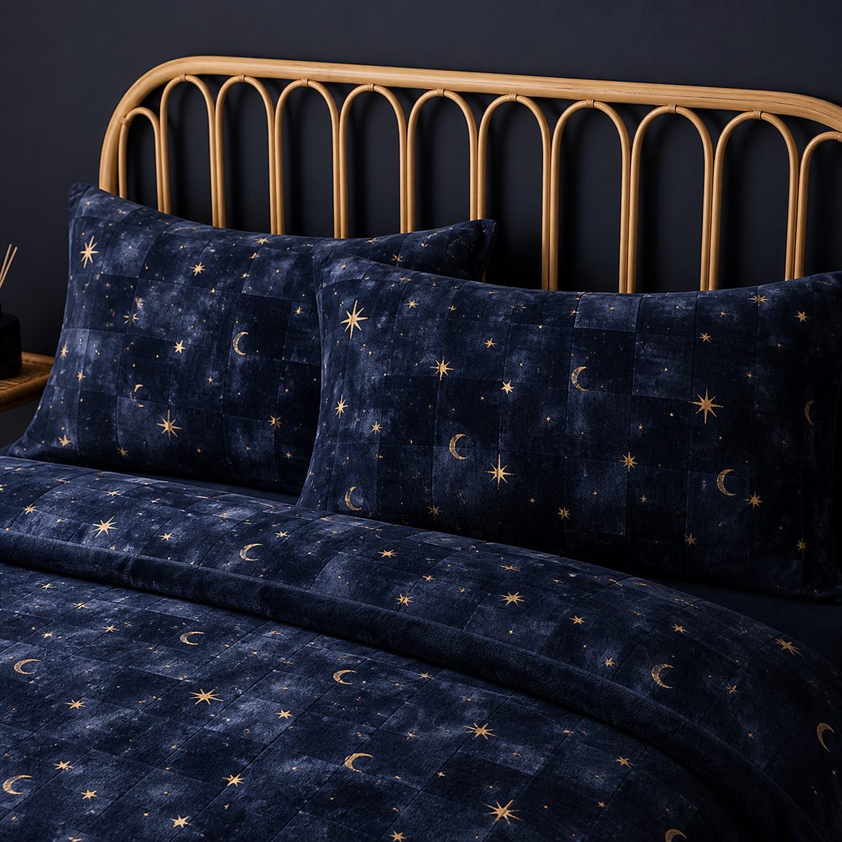 Close-up of Cosmic Star Cosy Microfibre Duvet Cover Set in navy pillowcases showing the print and fabric detail