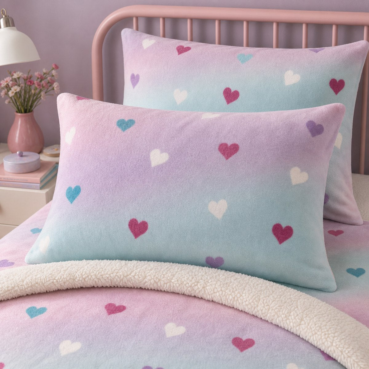 Close-up of matching Cosy Ombre Heart Kids Duvet Cover Set pillowcases showing the pattern and fabric detail