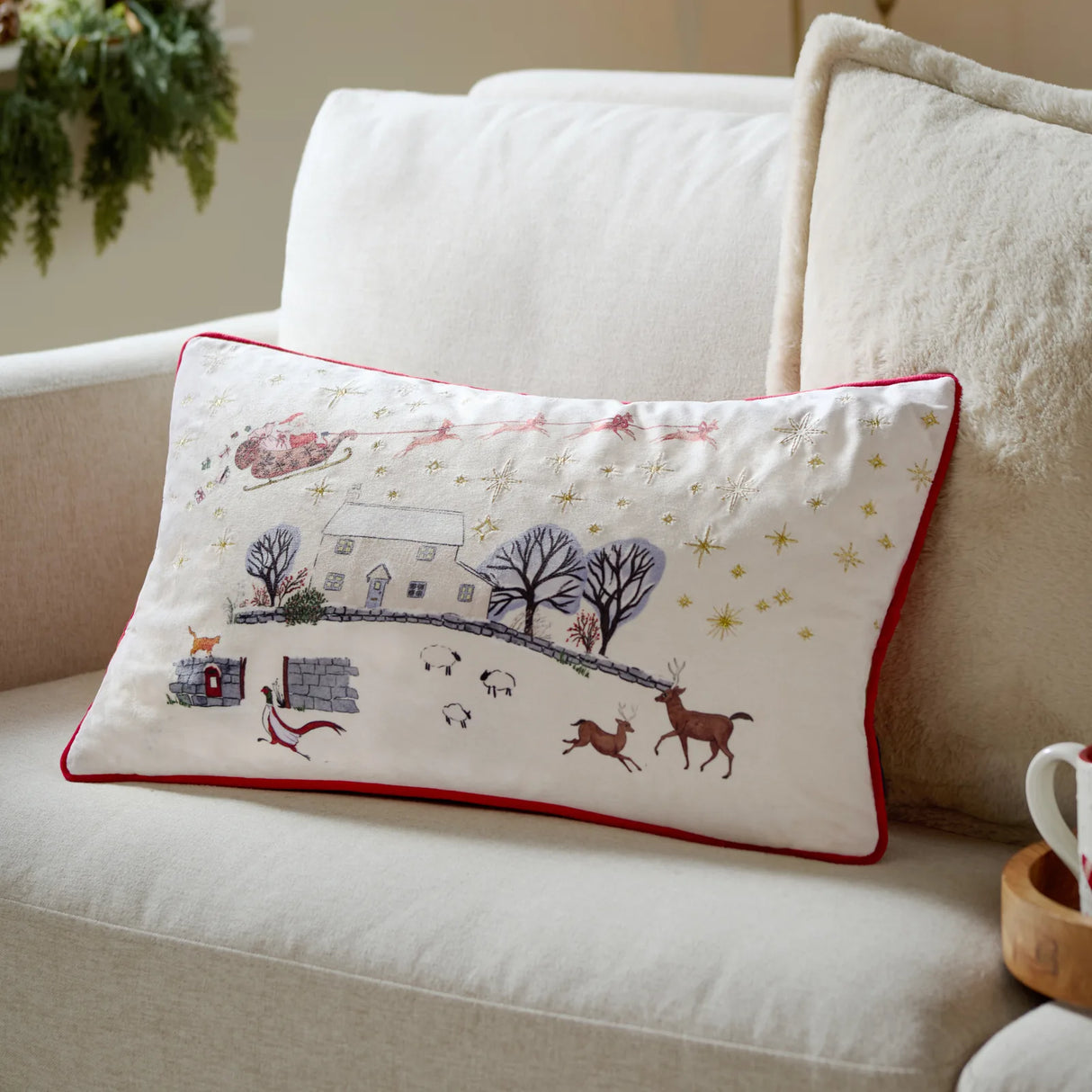 Cotswold Christmas Embroidered Velvet Cushion Cover Cream/Burgundy 30 x 50cm - image 1