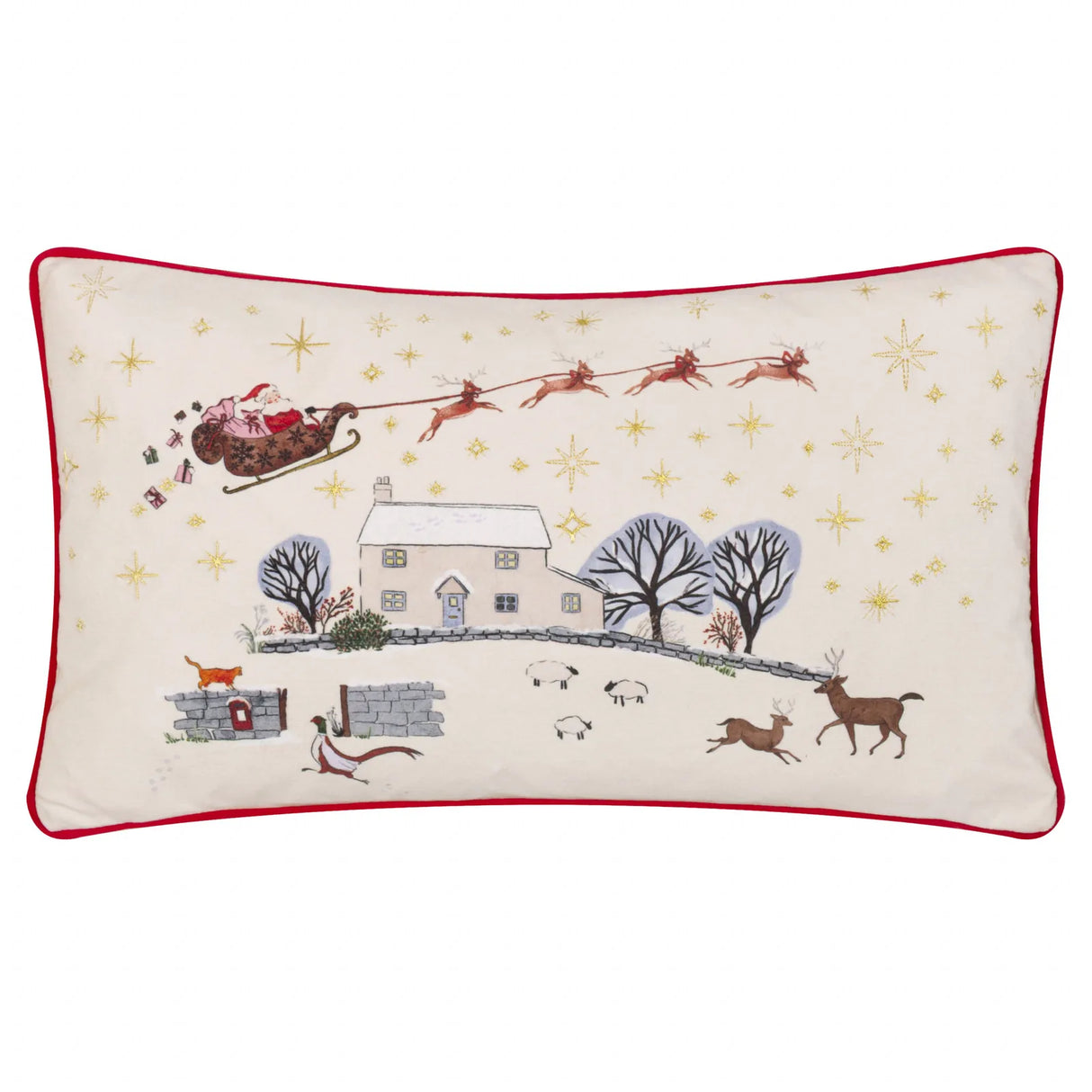Cotswold Christmas Embroidered Velvet Cushion Cover Cream/Burgundy 30 x 50cm - image 2