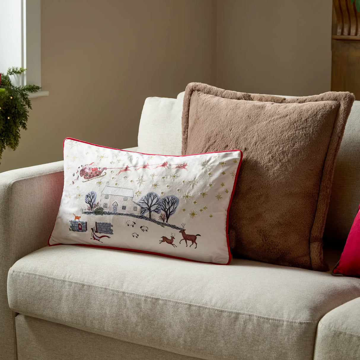 Cotswold Christmas Embroidered Velvet Cushion Cover Cream/Burgundy 30 x 50cm - image 6