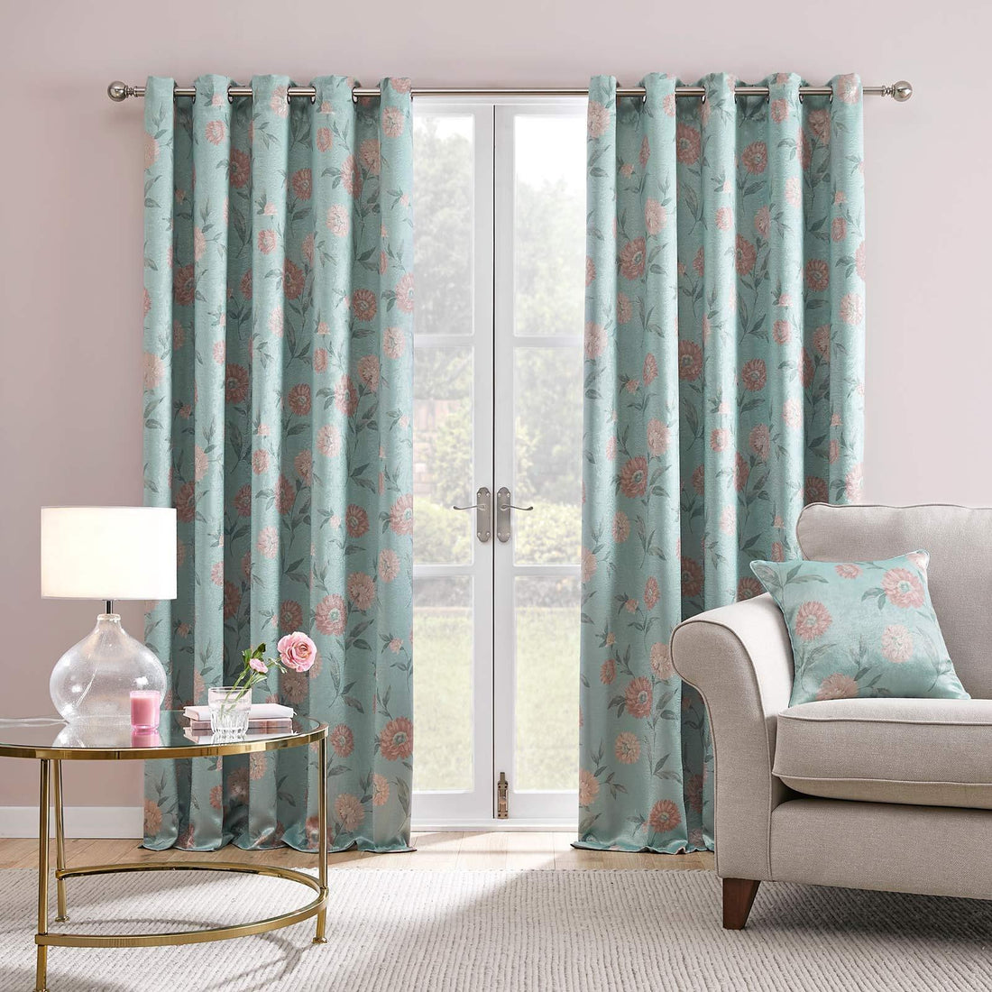 Dahlia Floral Dim Out Duck Egg Thermal Blackout Eyelet Curtains