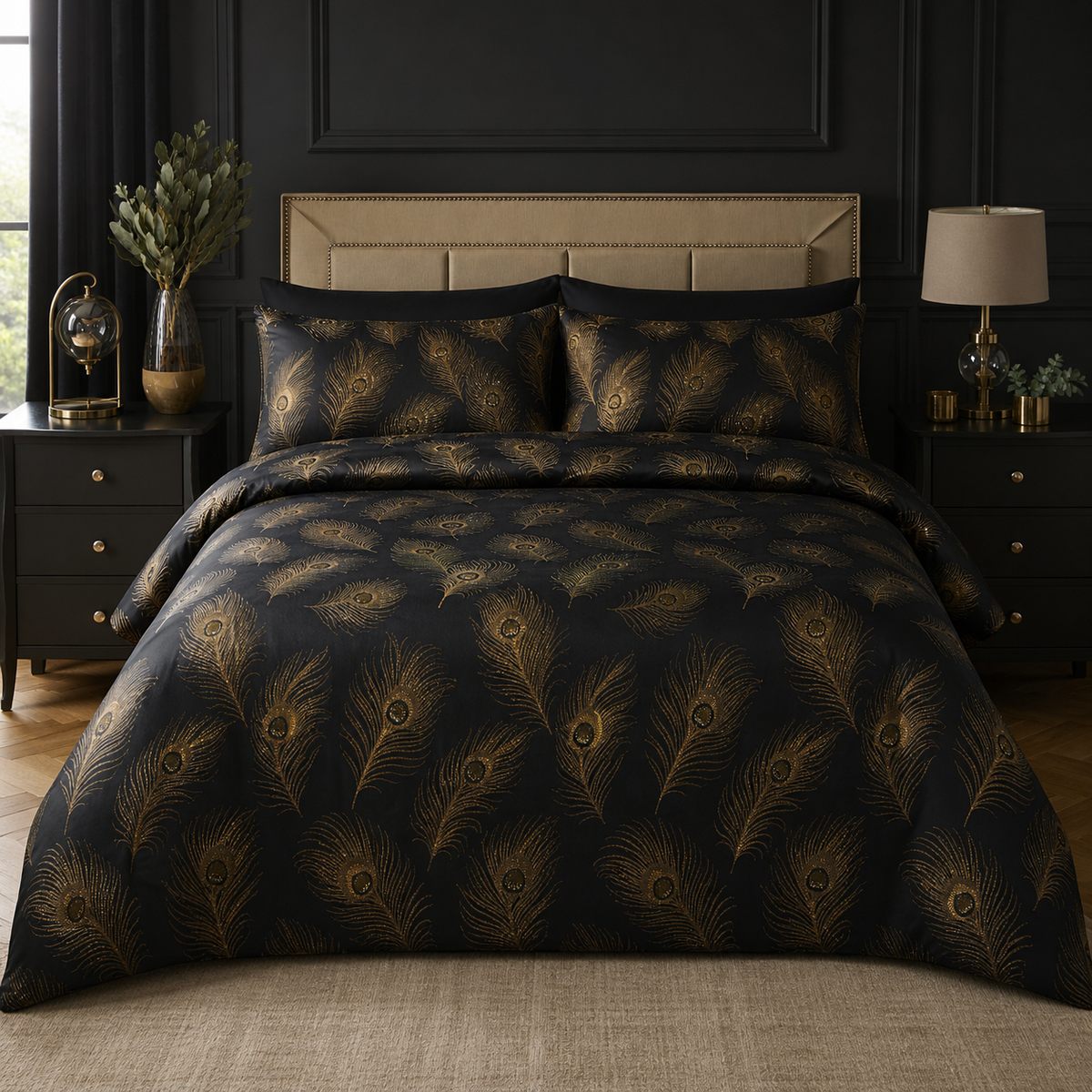 Laurence Llewelyn-Bowen Dandy Black jacquard duvet cover set styled on a bedroom bed
