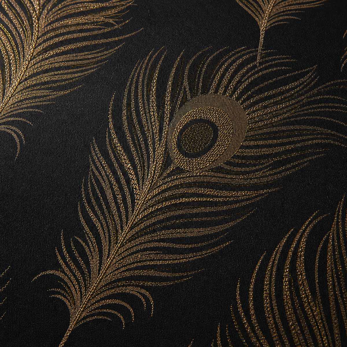 Macro close-up of the black and gold Dandy jacquard polycotton peacock feather fabric
