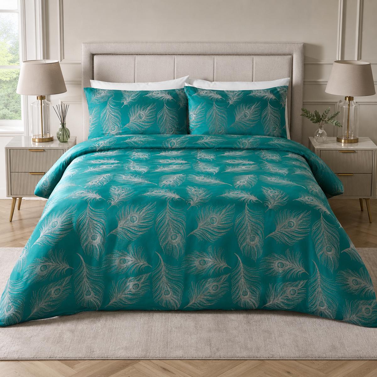Laurence Llewelyn-Bowen Dandy Teal jacquard duvet cover set styled on a bedroom bed