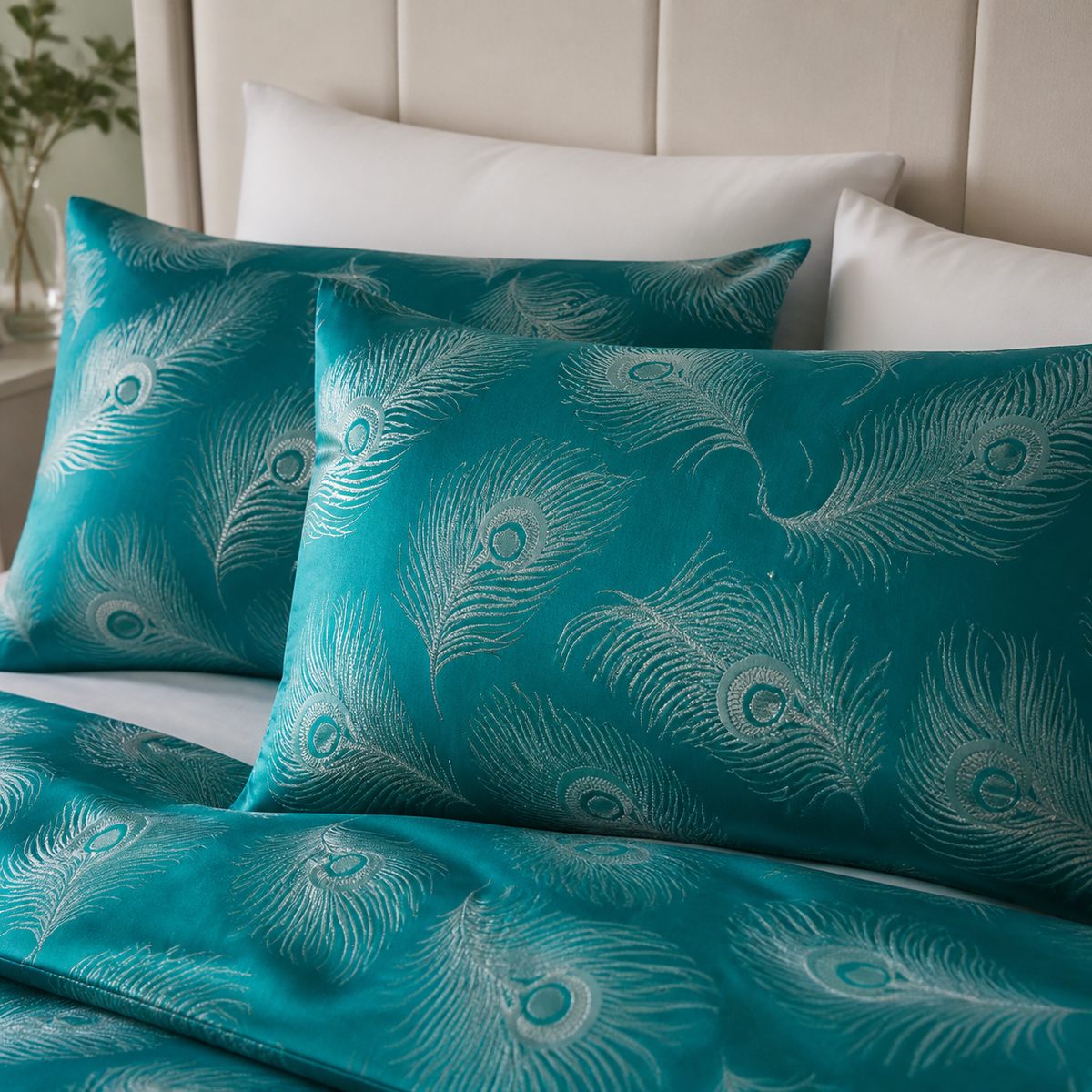 Close-up of Dandy Teal jacquard pillowcases showing the peacock feather pattern