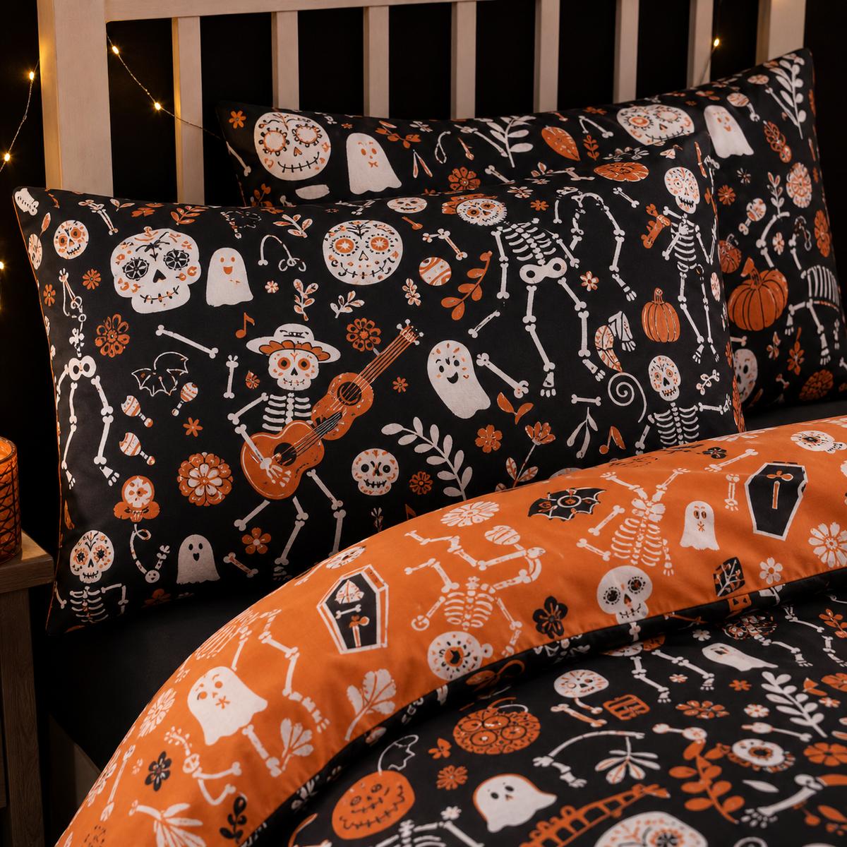 Close-up of matching Day of the Dead Polycotton Halloween Duvet Cover Set pillowcases showing the pattern and fabric detail