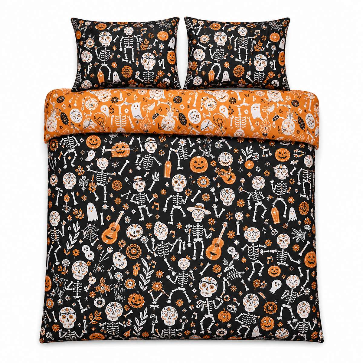 Overhead flat lay of the Day of the Dead Polycotton Halloween Duvet Cover Set with two matching pillowcases