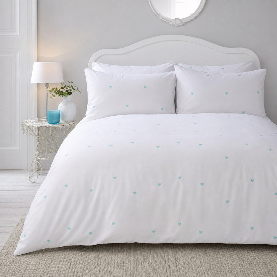 Decorative Heart Microfibre Duck Egg Duvet Cover Bedding Set