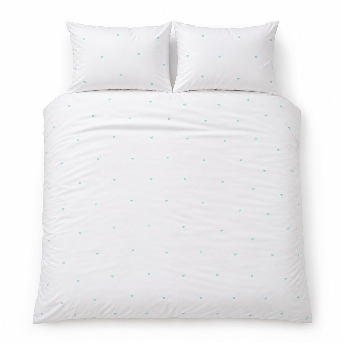 Overhead flat lay of the Decorative Heart Duck Egg duvet cover set with two matching pillowcases