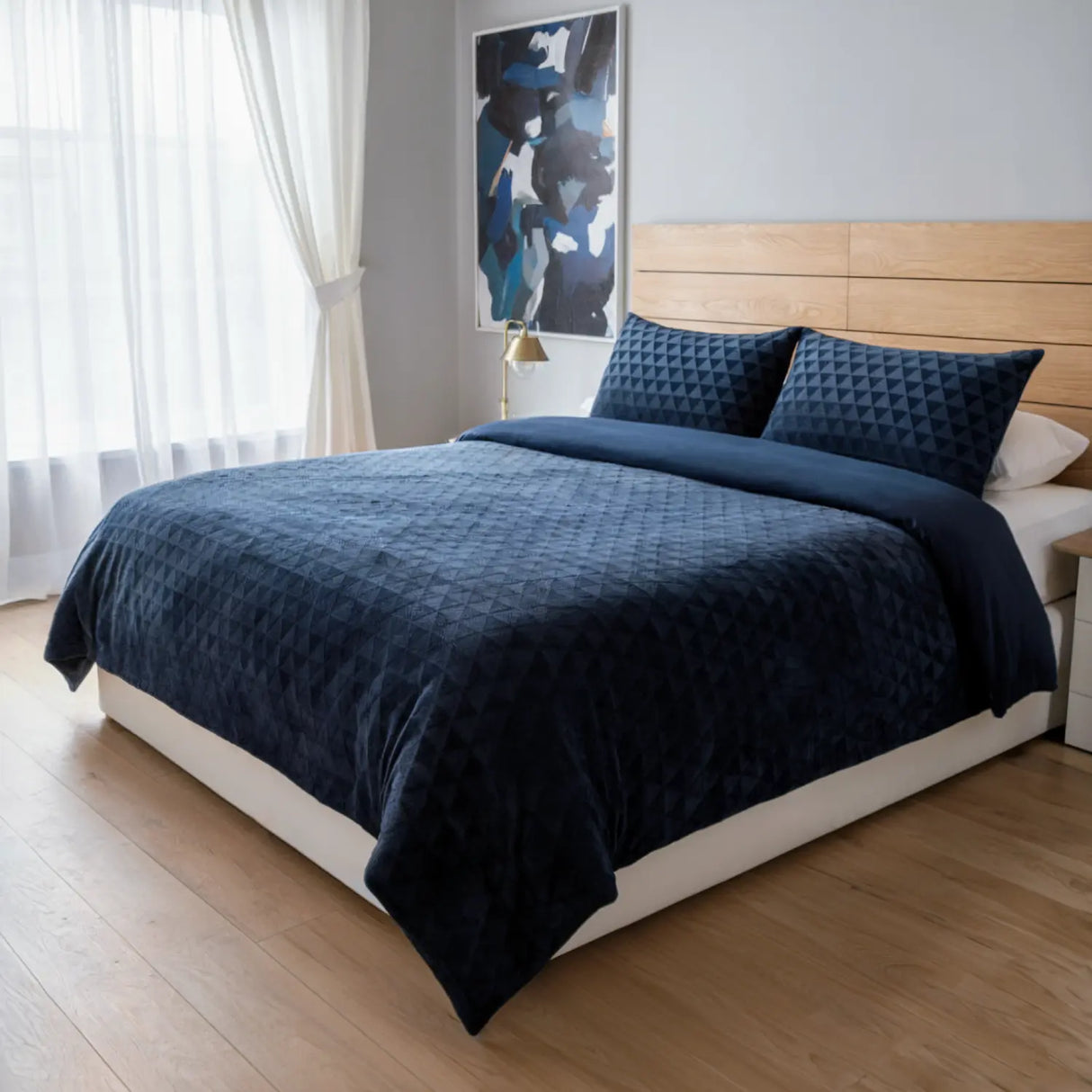 Diamond Cut Teddy Navy Fleece Duvet Cover Bedding Set