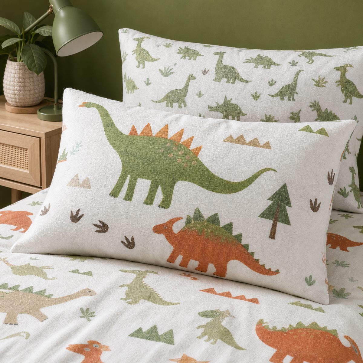 Close-up of matching Dino Kids Brushed Cotton Duvet Cover Set pillowcases showing the pattern and fabric detail