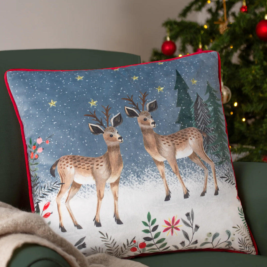 Ditsy Festive Reindeer Velvet Piped Cushion Cover Multi 45 x 45cm