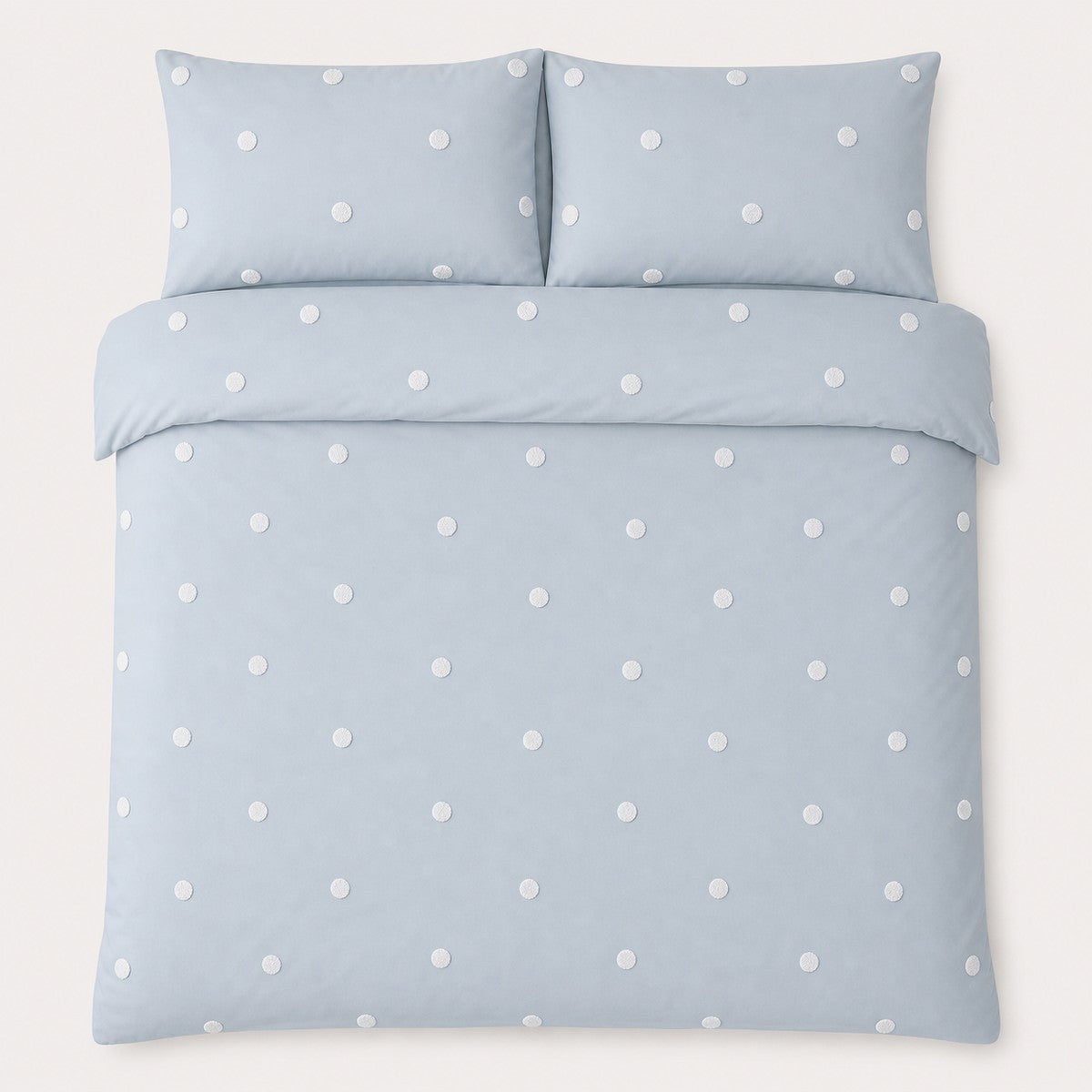 Overhead flat lay of the Dot Garden duck egg duvet cover set with two matching pillowcases